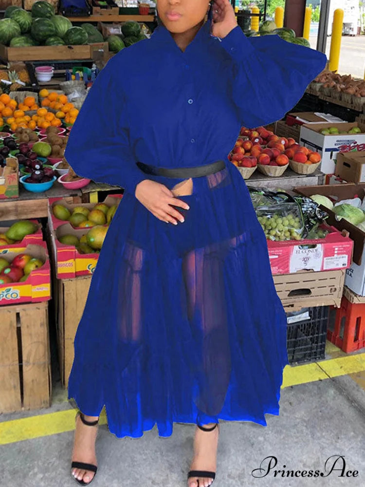 Lantern Sleeve Graceful Split Maxi Dress Navy Blue / M