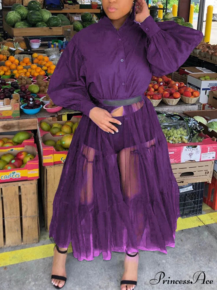 Lantern Sleeve Graceful Split Maxi Dress Purple / M