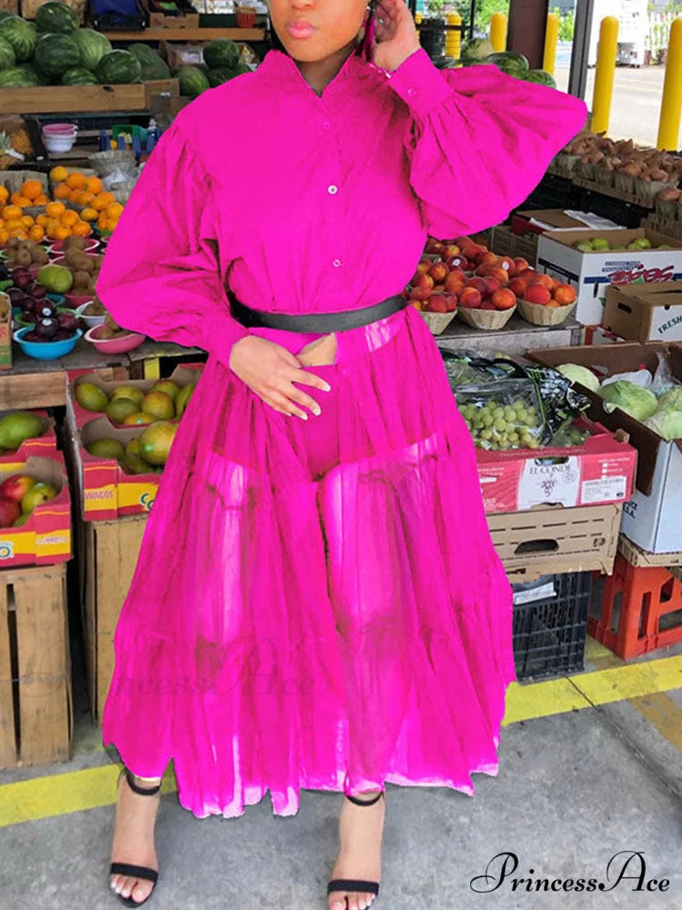 Lantern Sleeve Graceful Split Maxi Dress Rose Red / M