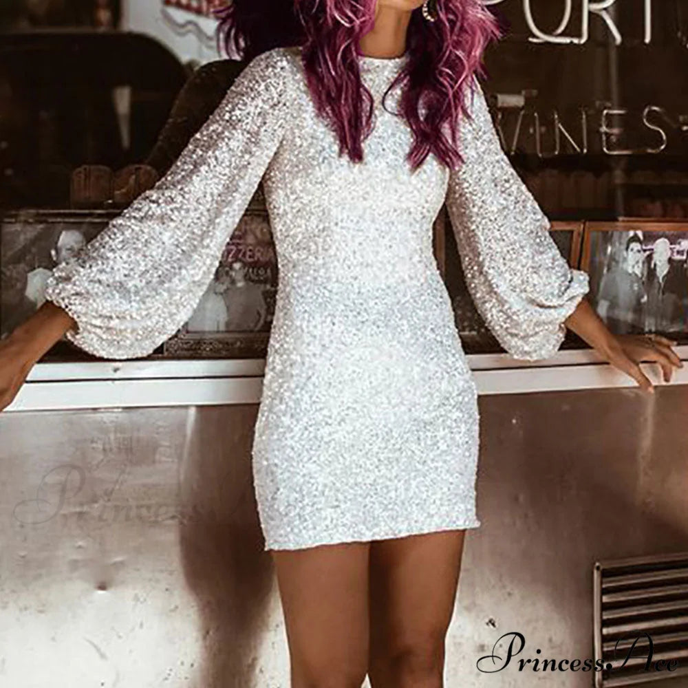 Lantern Sleeve O Neck Sequin Bodycon Dress