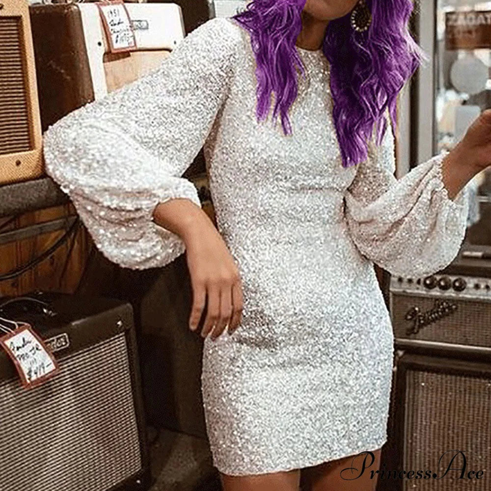 Lantern Sleeve O Neck Sequin Bodycon Dress