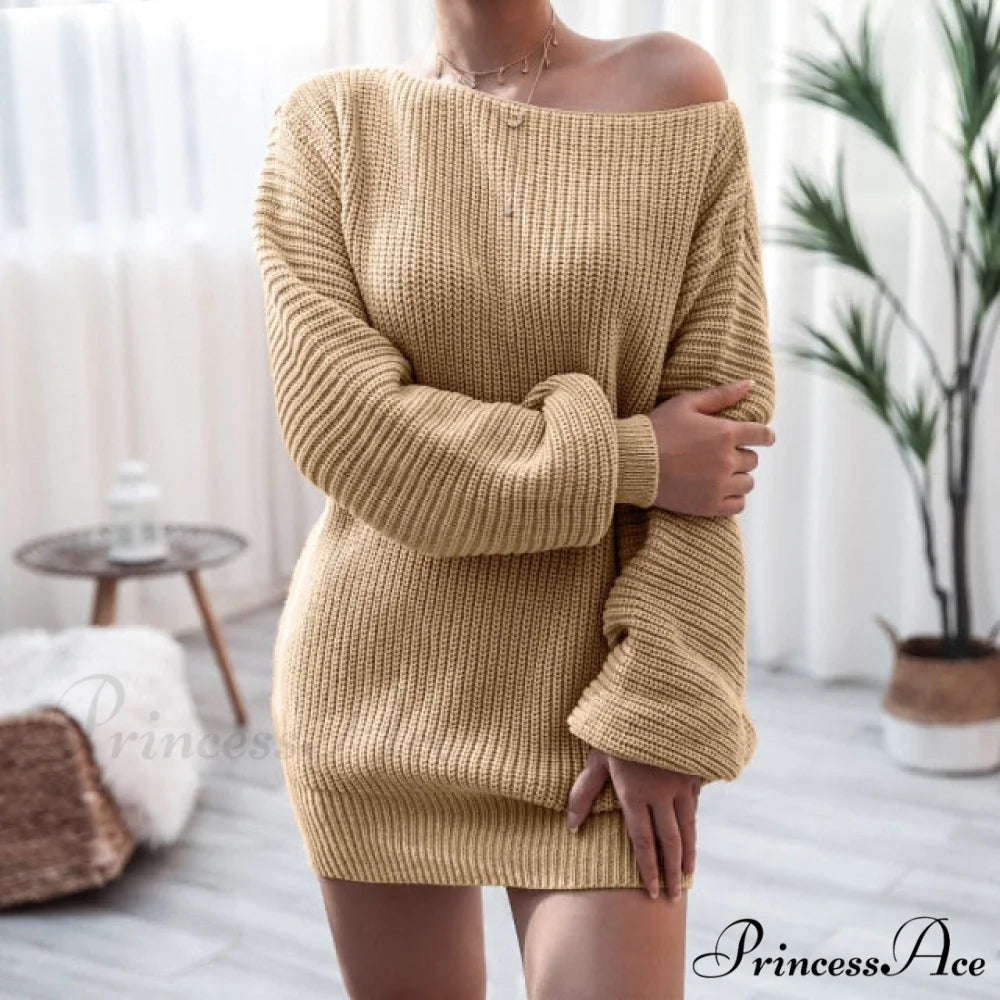 Lantern Sleeve Oversized Fashion Knitted Dress Khaki / S