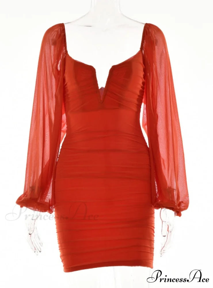Lantern Sleeve Ruched Bodycon Dress with V-Cut M / Black