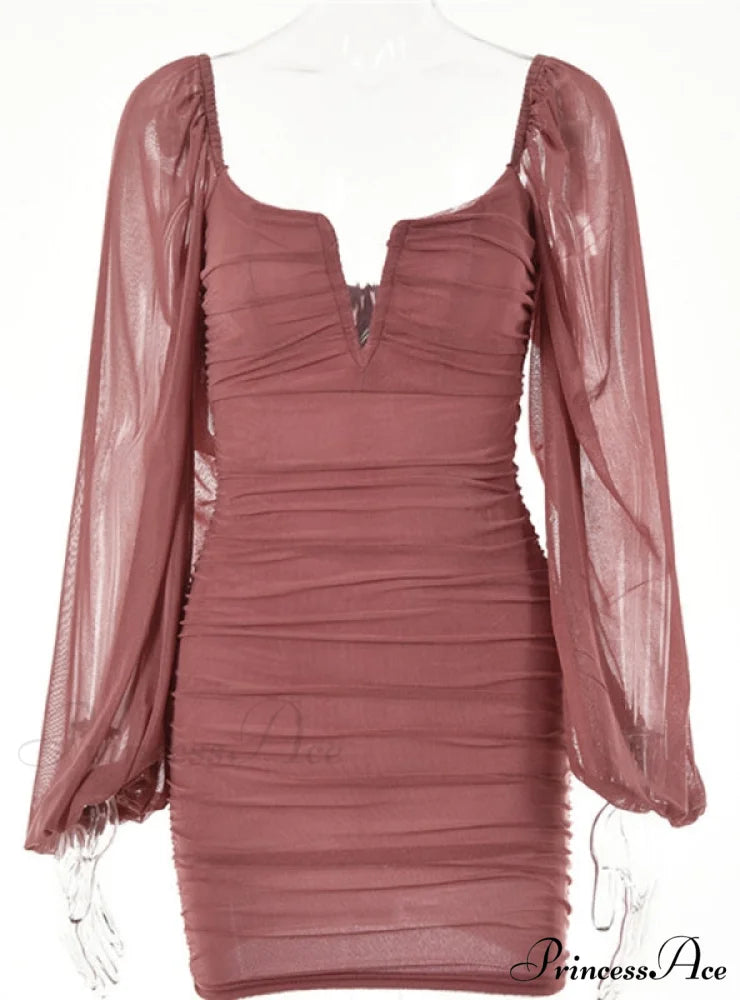 Lantern Sleeve Ruched Bodycon Dress with V-Cut M / Green