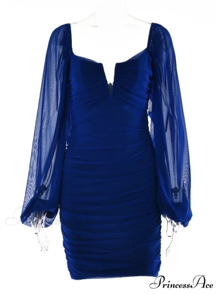 Lantern Sleeve Ruched Bodycon Dress with V-Cut M / White