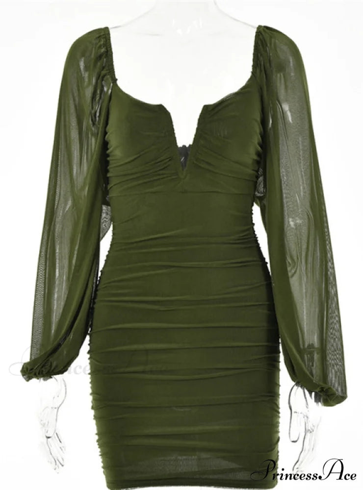 Lantern Sleeve Ruched Bodycon Dress with V-Cut S / Black