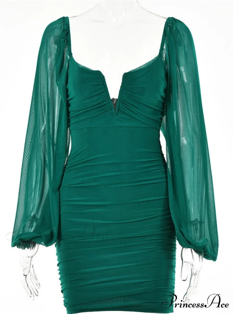 Lantern Sleeve Ruched Bodycon Dress with V-Cut S / Dark Blue
