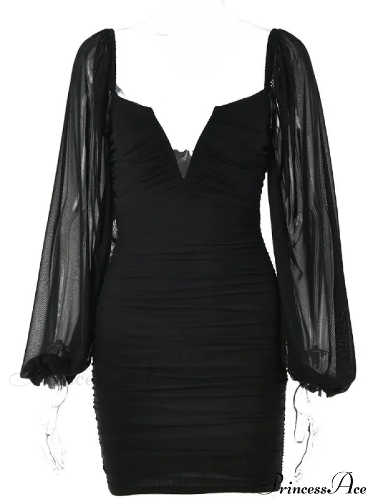 Lantern Sleeve Ruched Bodycon Dress with V-Cut S / Orange