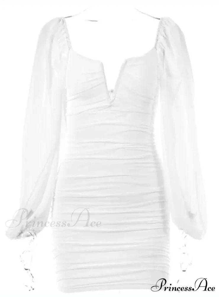 Lantern Sleeve Ruched Bodycon Dress with V-Cut S / Pink