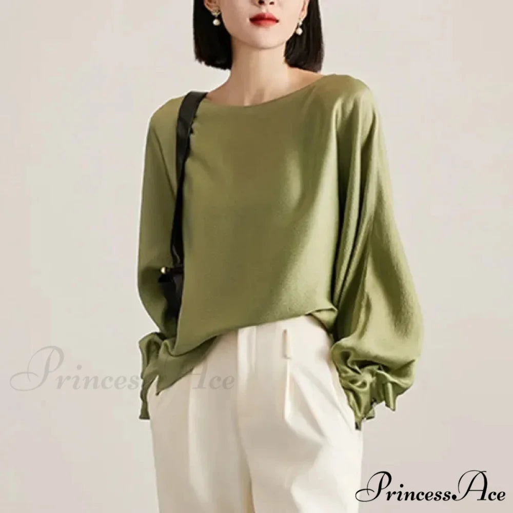 Lantern Sleeve Silk Informal Top Trendy Top blouse-250126