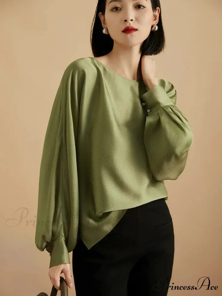 Lantern Sleeve Silk Informal Top Trendy Top Windblown pine / S blouse-250126