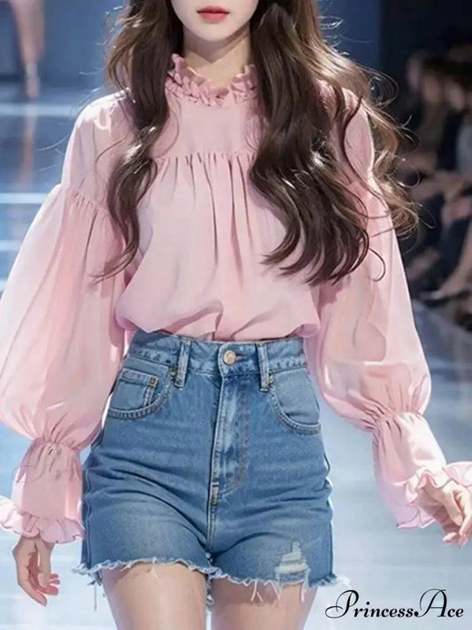 Lantern Sleeve Solid Stand Collar Blouse Modified Title: Lantern Sleeve Monochrome High Neck Blouse Pink / S