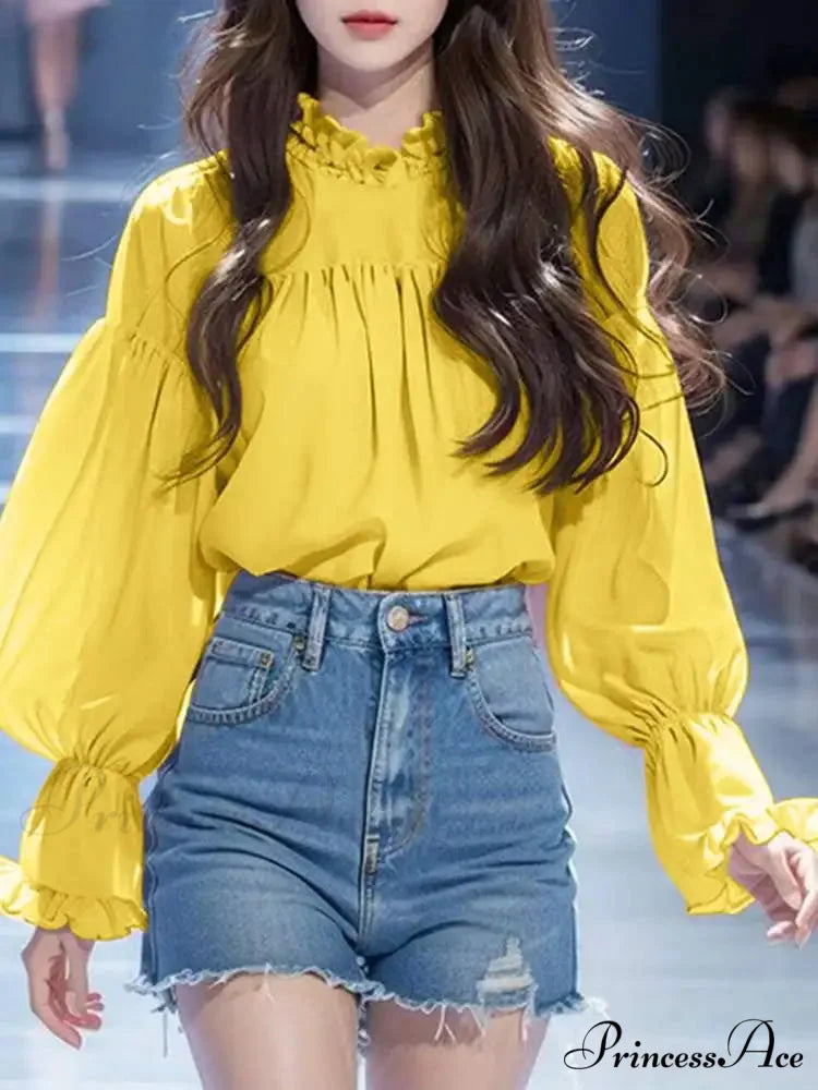 Lantern Sleeve Solid Stand Collar Blouse Modified Title: Lantern Sleeve Monochrome High Neck Blouse Yellow / S