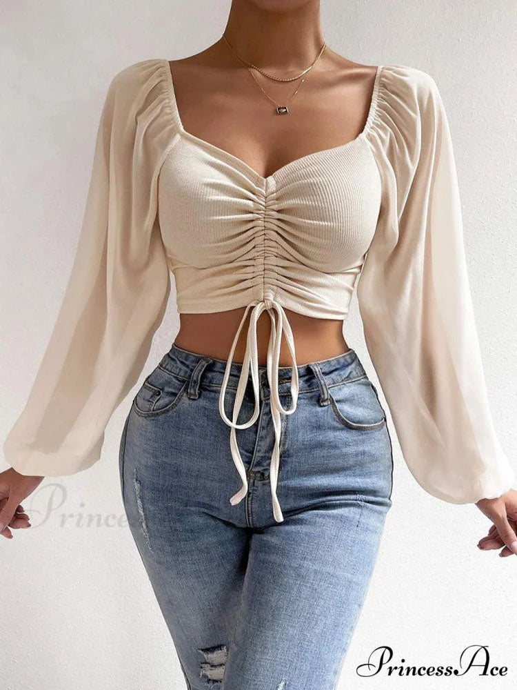 Lantern Sleeve V-Neck Fashion Blouses Beige / S