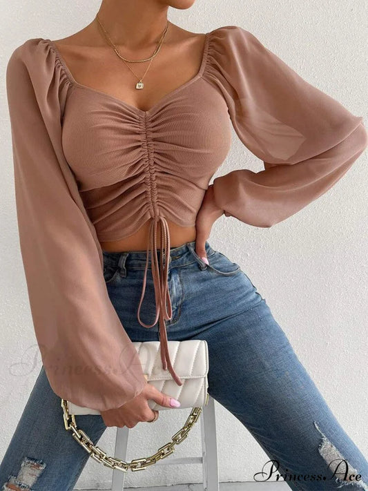 Lantern Sleeve V-Neck Fashion Blouses coffee / S