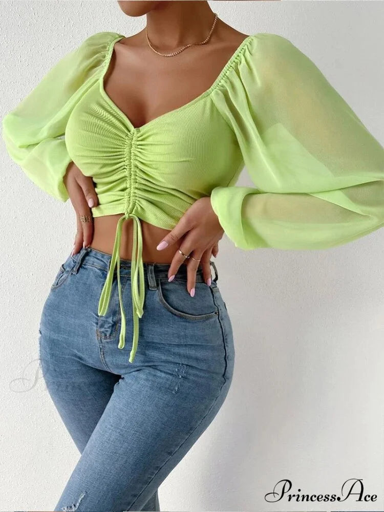 Lantern Sleeve V-Neck Fashion Blouses fluorescent green / S