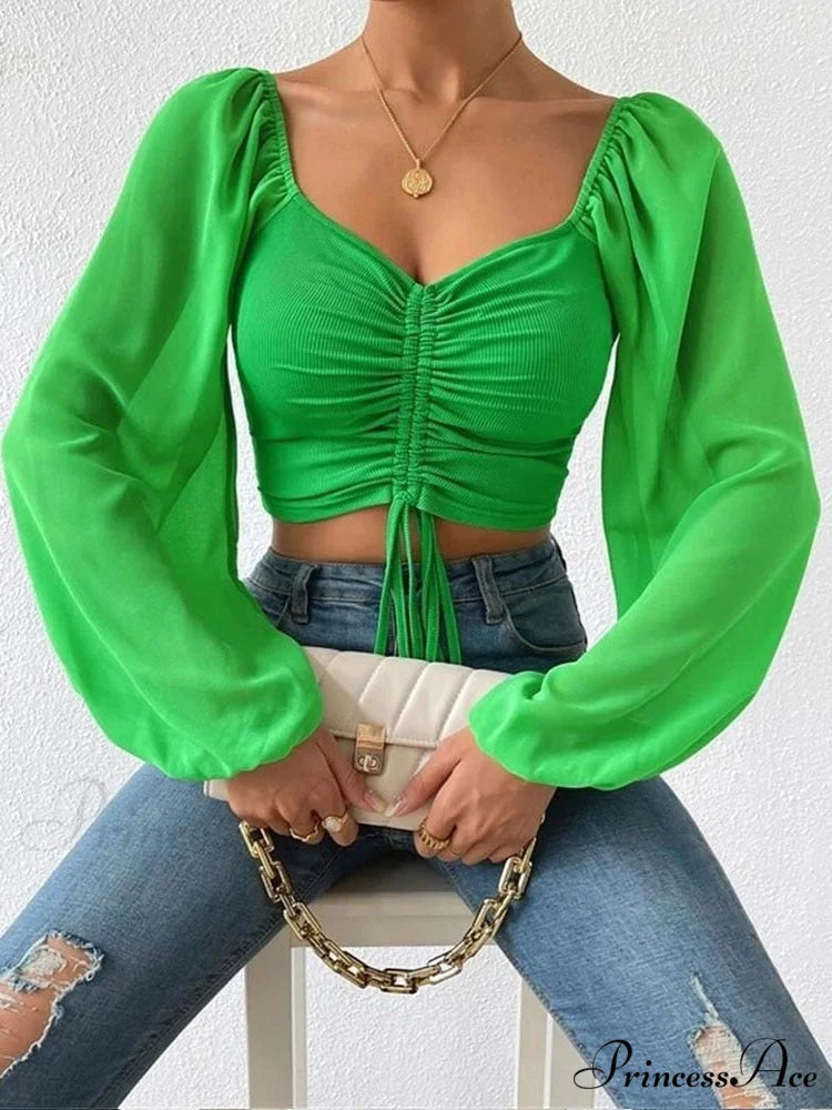Lantern Sleeve V-Neck Fashion Blouses grass green / S