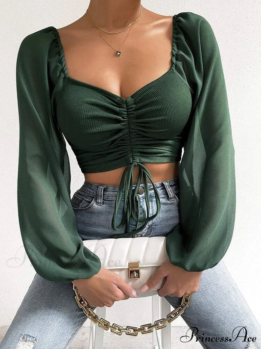 Lantern Sleeve V-Neck Fashion Blouses Green / S