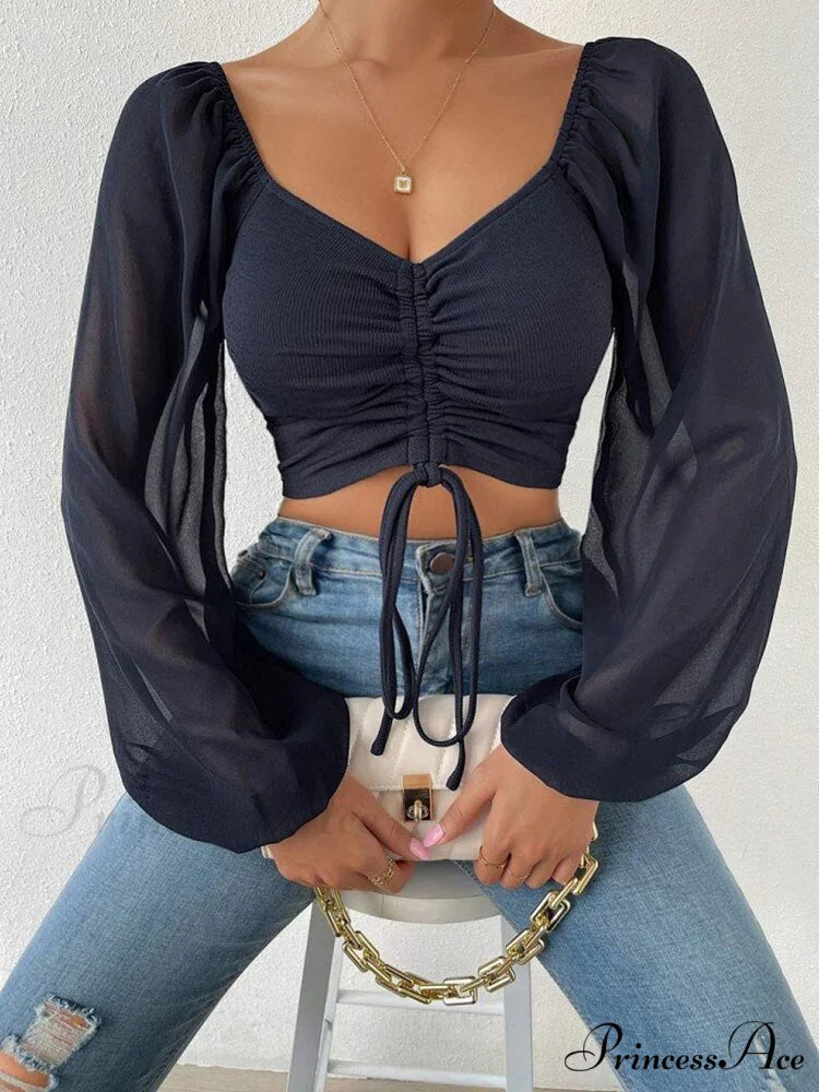 Lantern Sleeve V-Neck Fashion Blouses navy / S