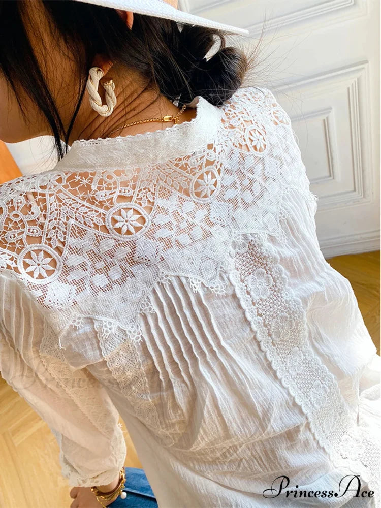 Lantern Sleeve V-Neck Lace Retro Cotton Boho Top White2 / S bohoblouse-250126