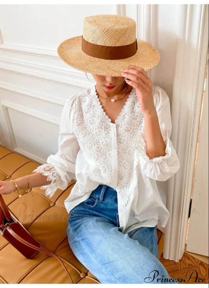 Lantern Sleeve V-Neck Lace Retro Cotton Boho Top White5 / S bohoblouse-250126