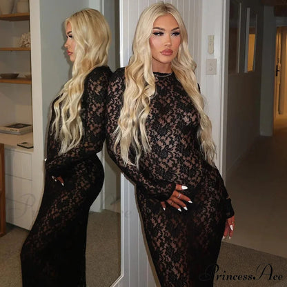 Lantern Sleeve V-neck Maxi Dress Black / S