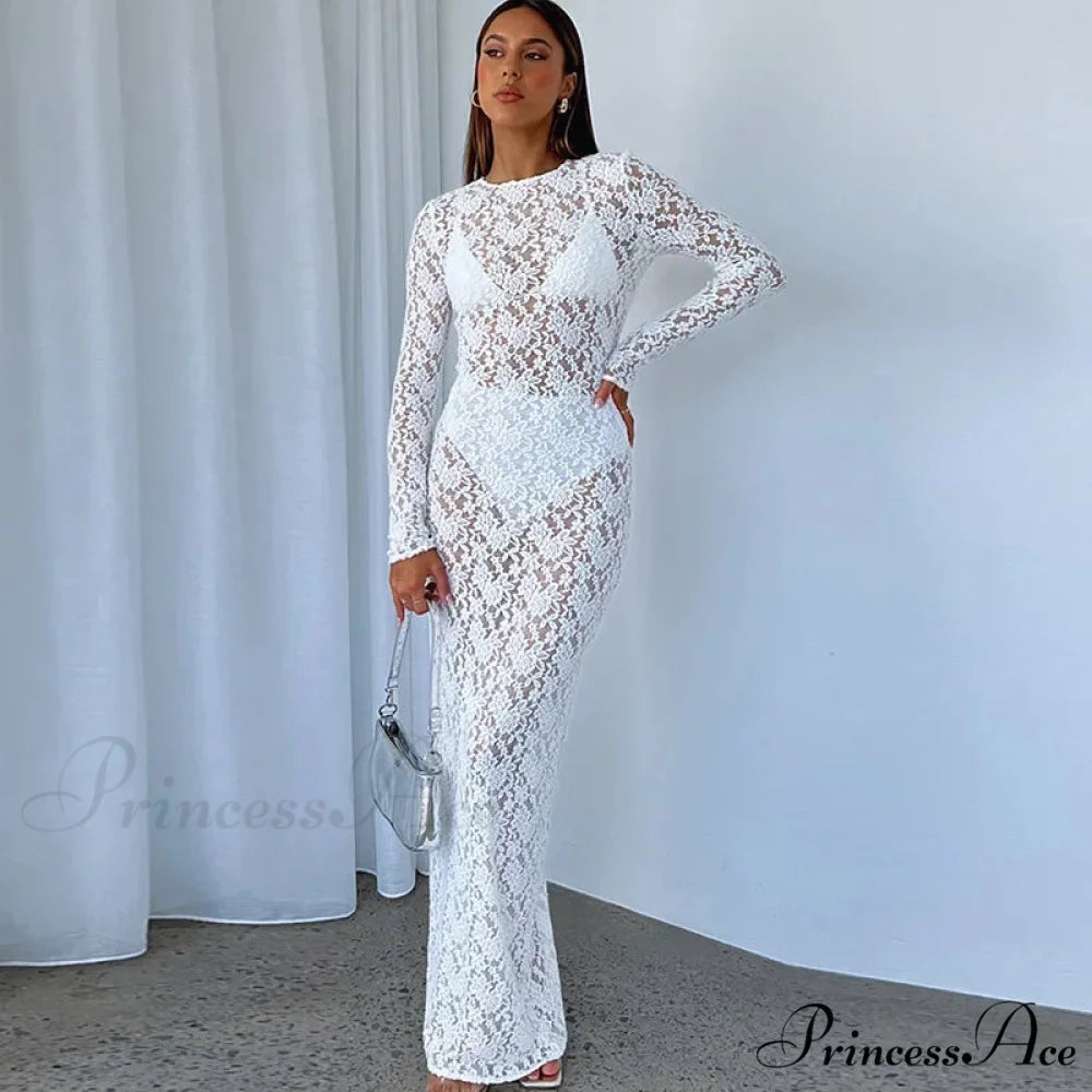 Lantern Sleeve V-neck Maxi Dress WHITE / S