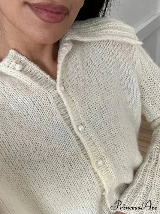 Lapel Pearl Single-breasted Cardigan