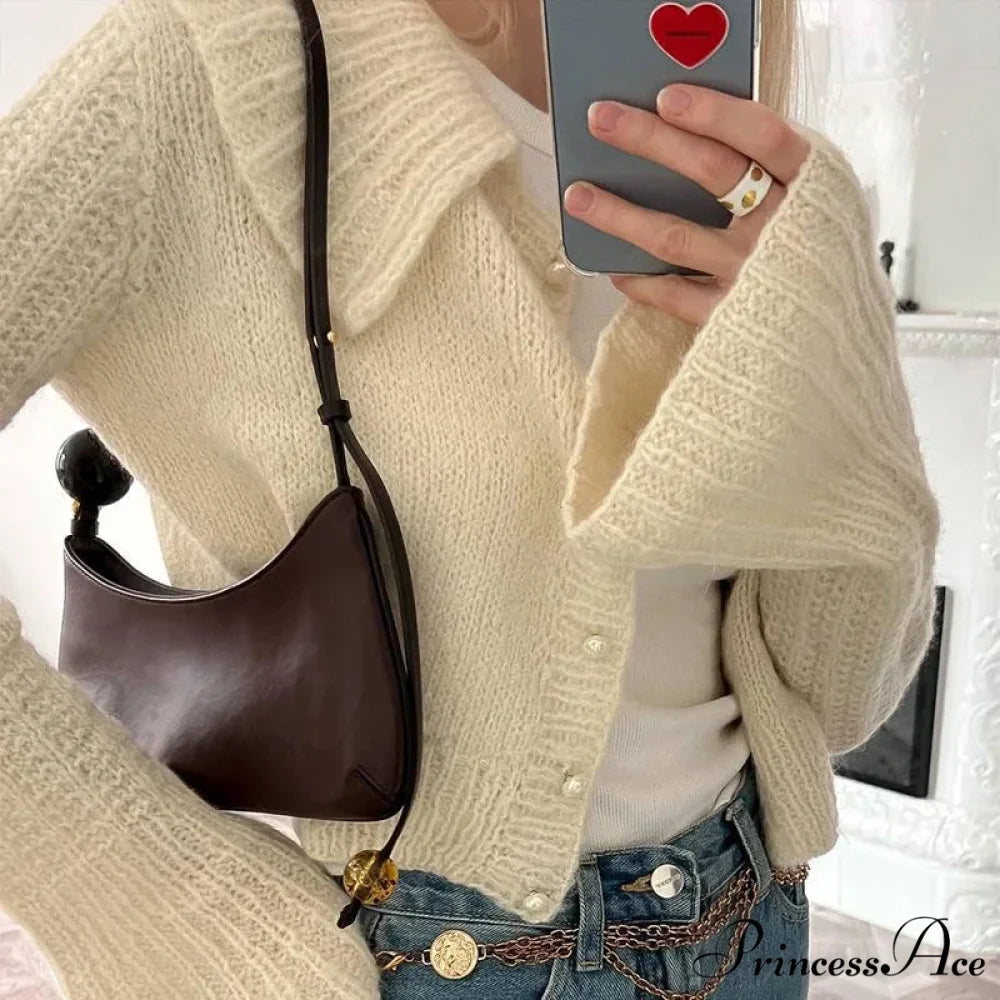 Lapel Pearl Single-breasted Cardigan Beige / S