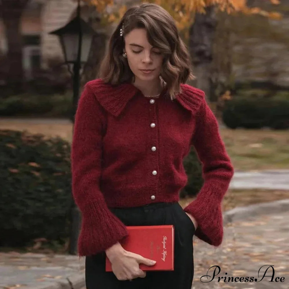 Lapel Pearl Single-breasted Cardigan Claret / S