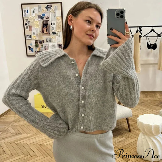 Lapel Pearl Single-breasted Cardigan Grey / S