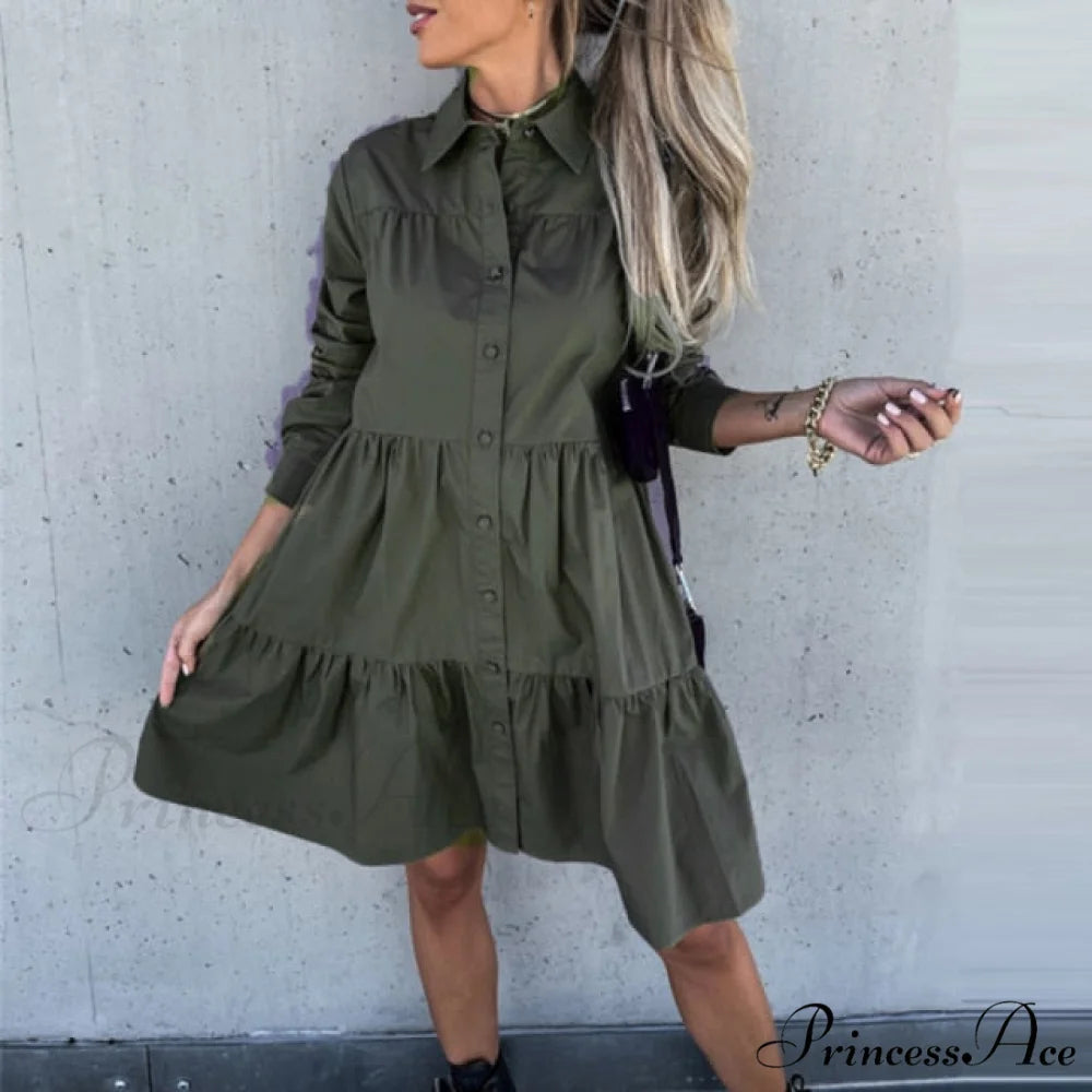 Lapel Pleated Ruffle Female Mini Dress Army Green / S