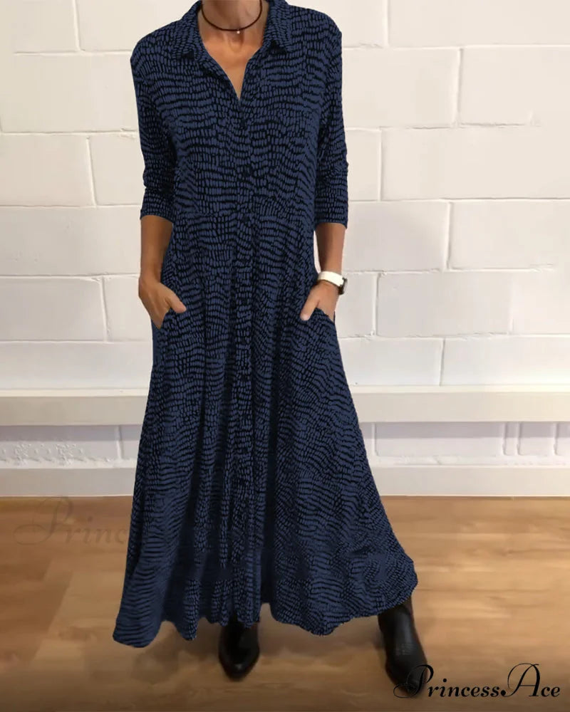 Lapel pocket dress with printed design Blue / S