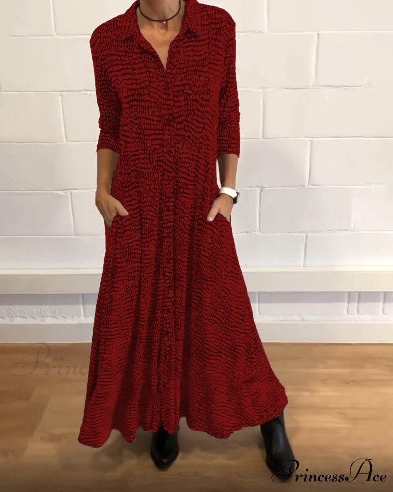 Lapel pocket dress with printed design Red / S