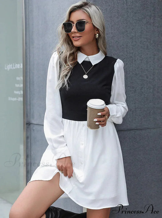 Lapel Stitching Long Sleeve Commuter Shirt S / black and white