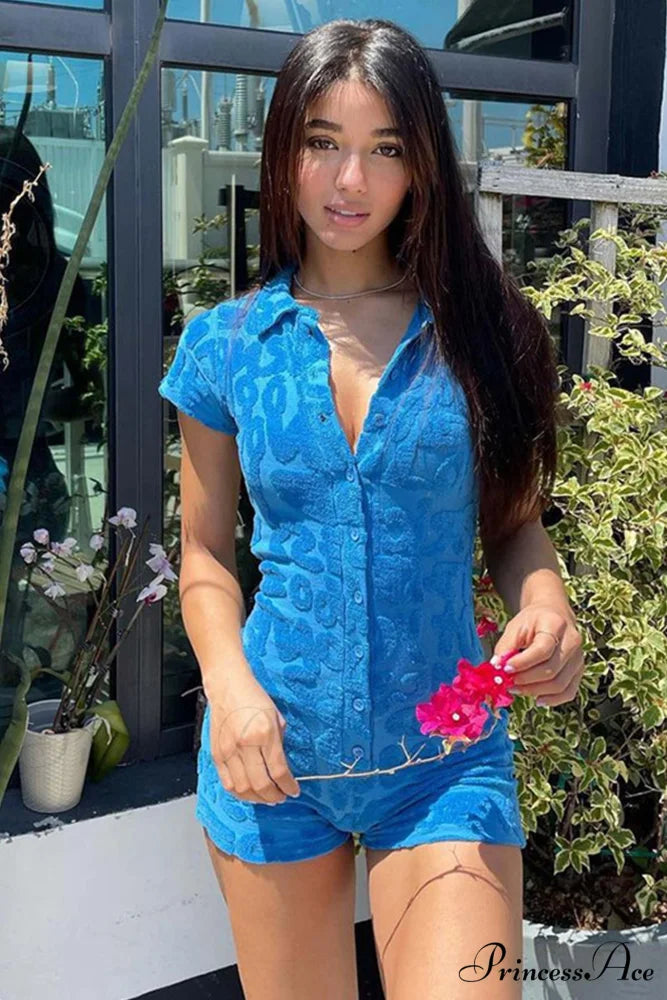 Lapel Terry Rompers with Button Down Blue / M