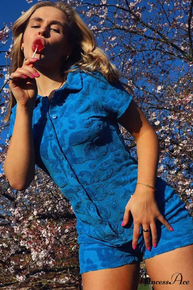 Lapel Terry Rompers with Button Down Blue / S