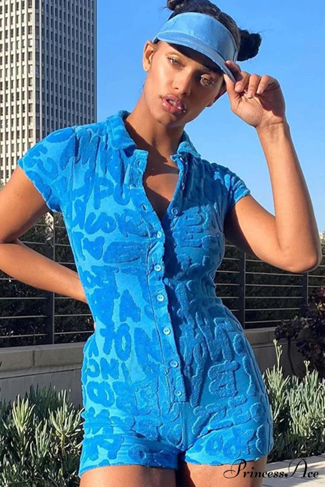 Lapel Terry Rompers with Button Down Blue / XL