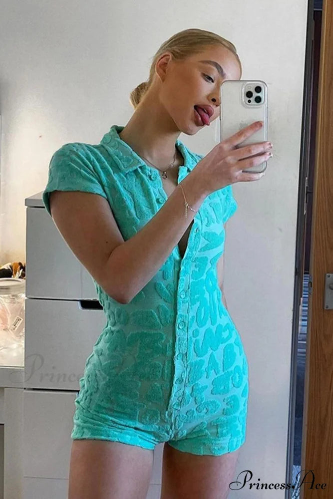 Lapel Terry Rompers with Button Down Lake Blue / L