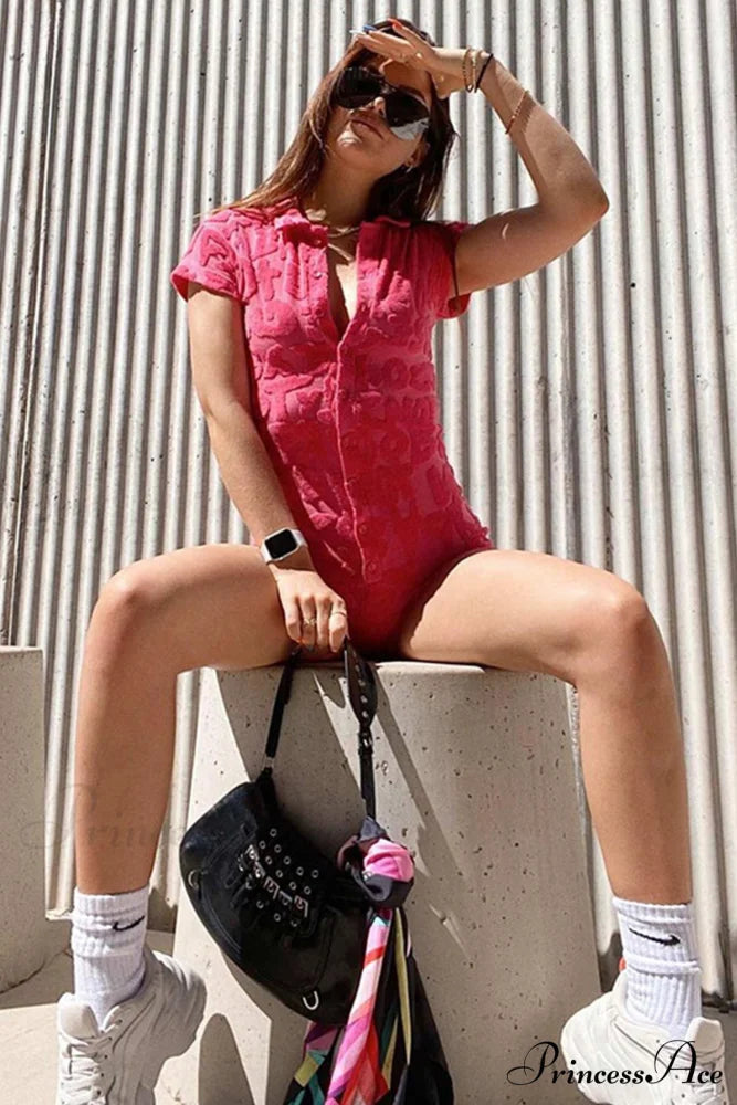 Lapel Terry Rompers with Button Down Rose / M