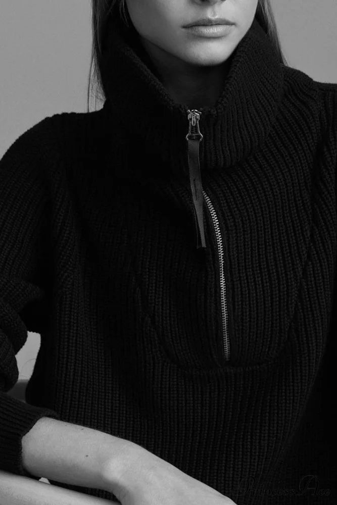Lapel Zipper Sweater Black / S