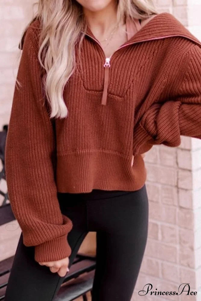 Lapel Zipper Sweater Brown / L