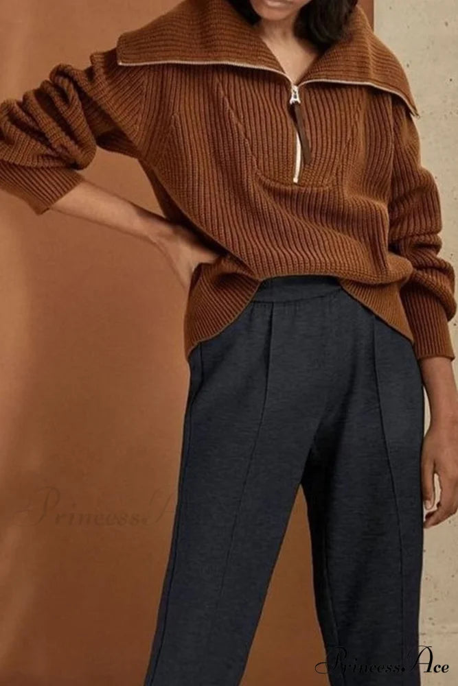 Lapel Zipper Sweater Brown / M
