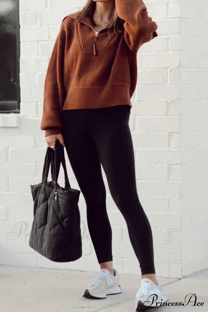 Lapel Zipper Sweater Brown / XL