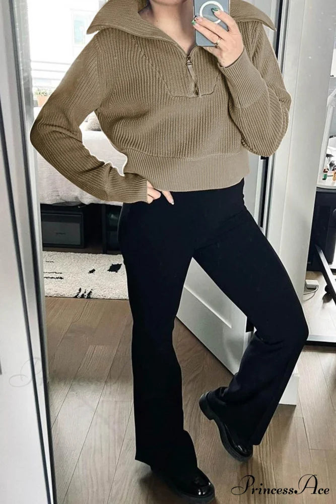 Lapel Zipper Sweater Khaki / L