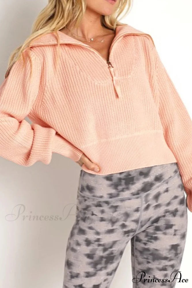 Lapel Zipper Sweater Light Pink / M