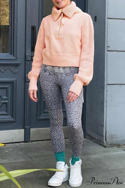 Lapel Zipper Sweater Light Pink / XL