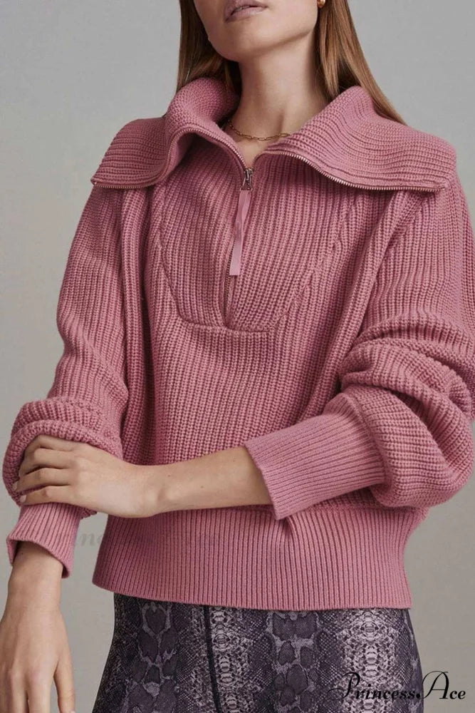 Lapel Zipper Sweater Pink / S