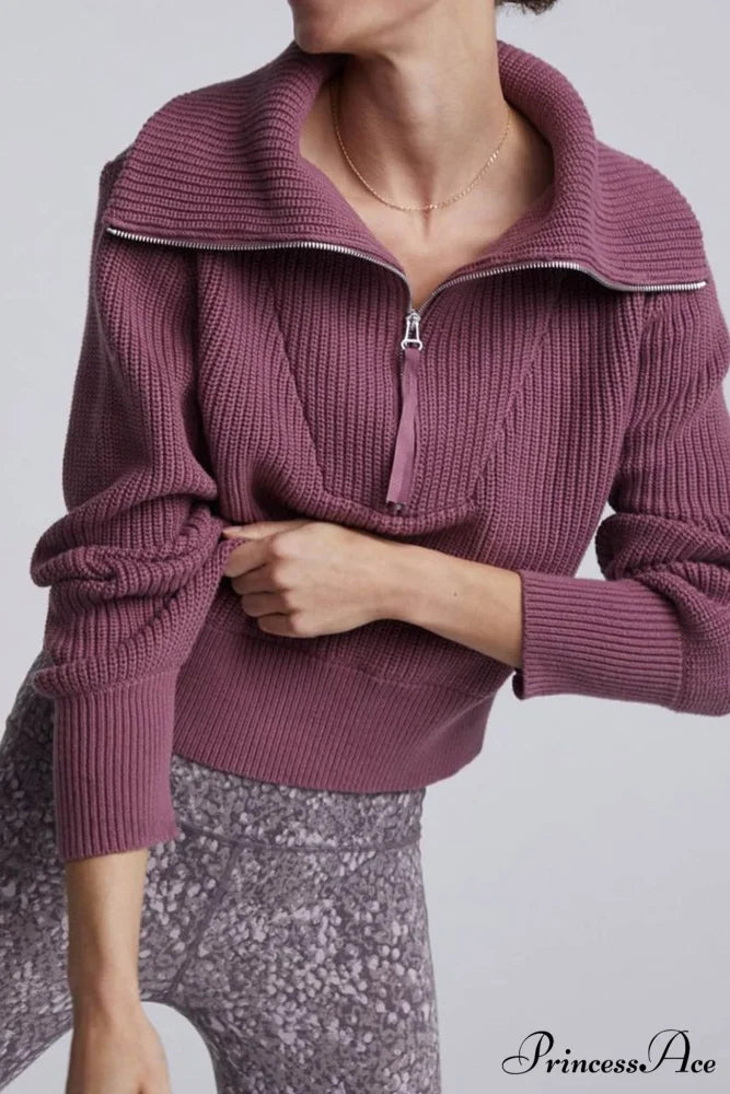 Lapel Zipper Sweater Purple / S
