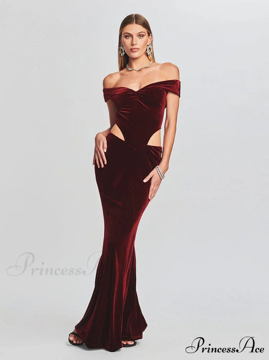 Lara Glitter Stylish Velvet Mermaid Dress WINE / XS